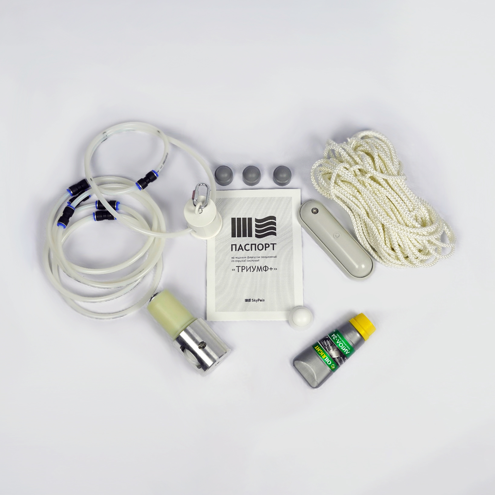 Комплектация уличного флагштока "Триумф" Фото комплектации уличного флагштока высотой 12 метров со скрытой системой подъёма флага